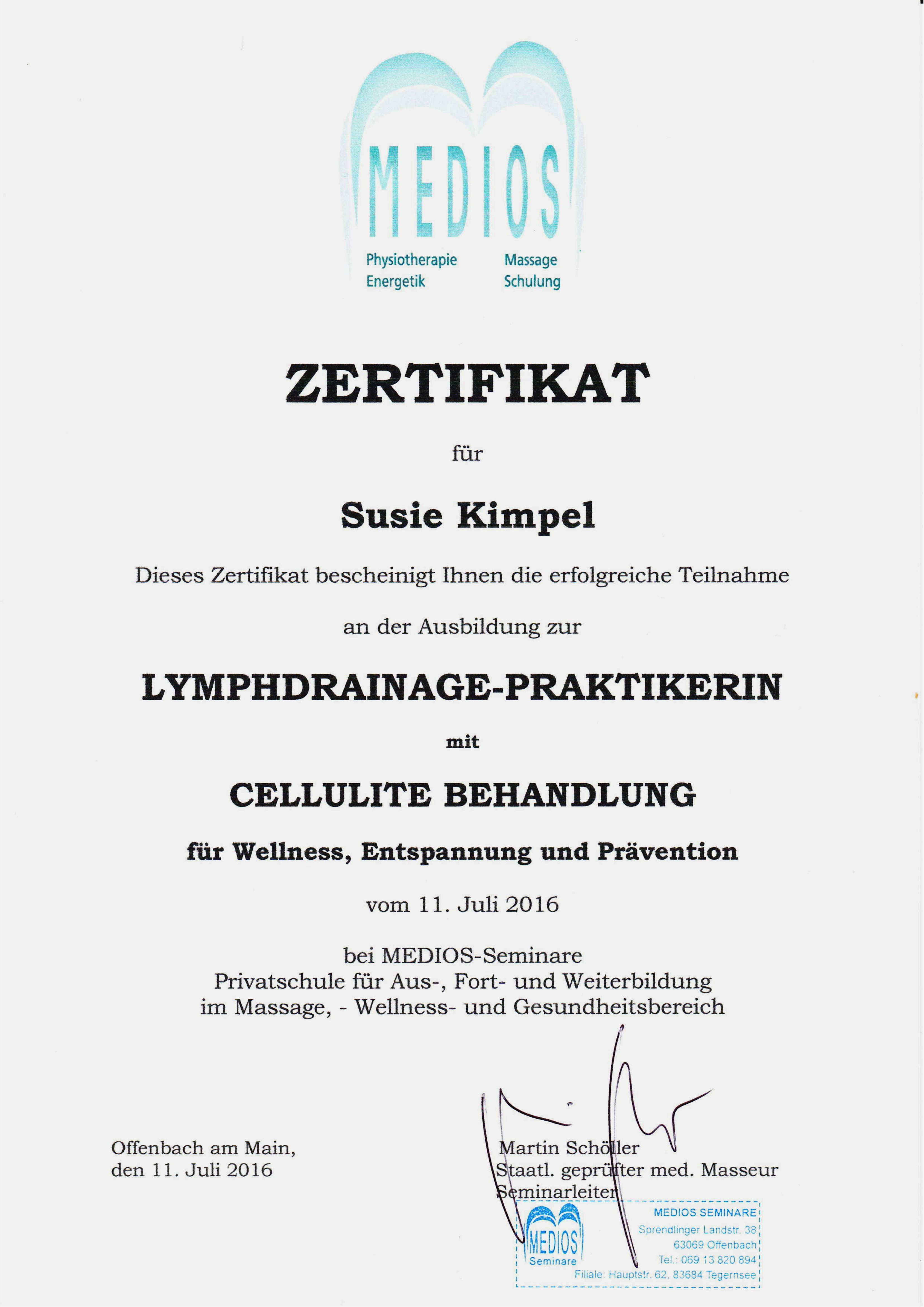 Lymphdrainage-Praktikerin
Cellulite-Behandlung 11.07.2016